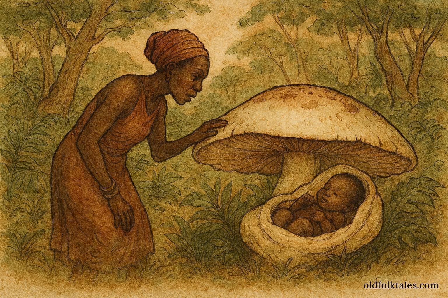 Parchment-style illustration of Inkang finding a miraculous child inside a giant mushroom in an Ikom folktale from Southern Nigeria.