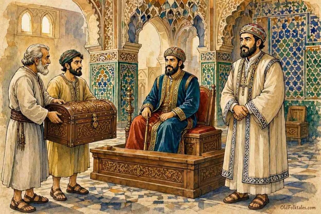 Parchment style illustration of Judge Hamimsa presenting his wise judgment before the Sultan and two merchants in a Moroccan royal court.