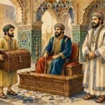 Parchment style illustration of Judge Hamimsa presenting his wise judgment before the Sultan and two merchants in a Moroccan royal court.
