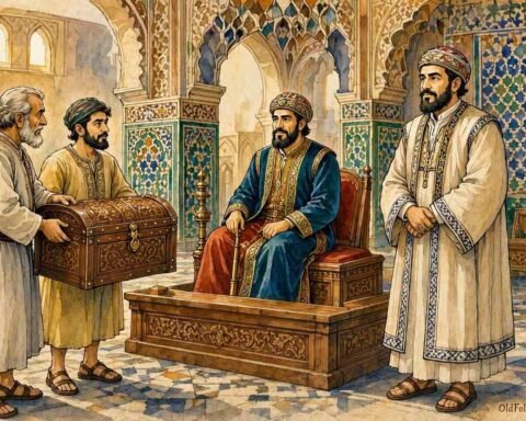 Parchment style illustration of Judge Hamimsa presenting his wise judgment before the Sultan and two merchants in a Moroccan royal court.