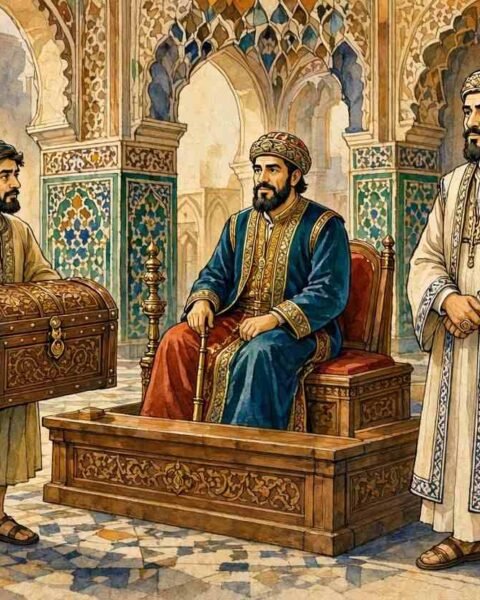 Parchment style illustration of Judge Hamimsa presenting his wise judgment before the Sultan and two merchants in a Moroccan royal court.