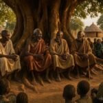 Bari elders holding a traditional council beneath a sacred fig tree in South Sudan.