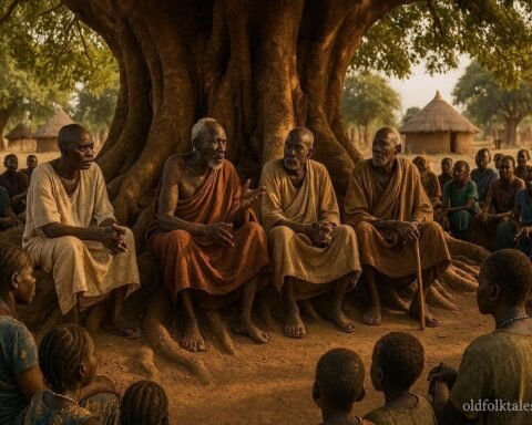 Bari elders holding a traditional council beneath a sacred fig tree in South Sudan.