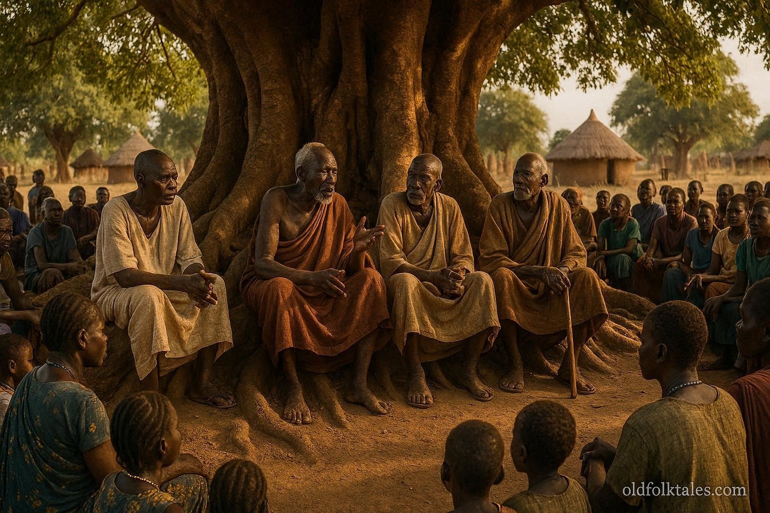Bari elders holding a traditional council beneath a sacred fig tree in South Sudan.
