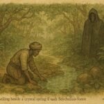Parchment-style illustration of Kader collecting the Water of Paradise from a sacred spring in a Seychellois Creole folktale.