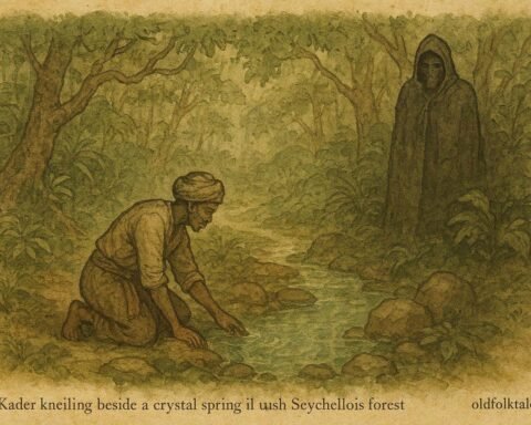 Parchment-style illustration of Kader collecting the Water of Paradise from a sacred spring in a Seychellois Creole folktale.
