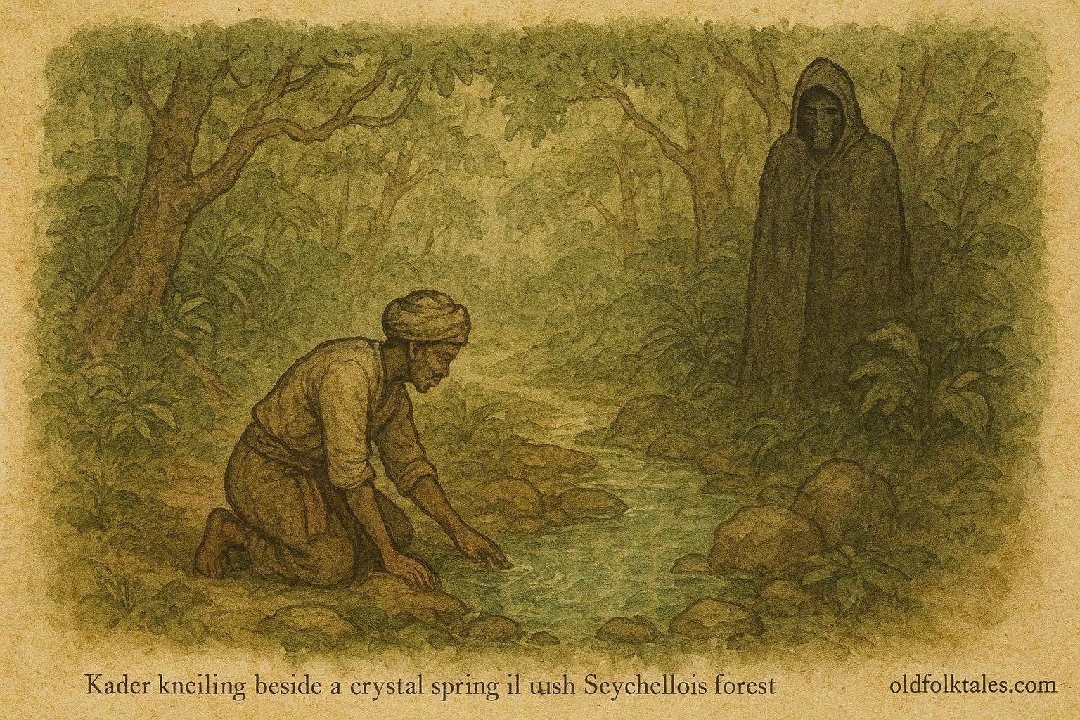 Parchment-style illustration of Kader collecting the Water of Paradise from a sacred spring in a Seychellois Creole folktale.