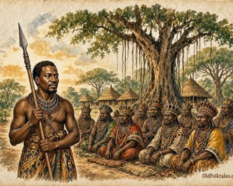 Parchment style illustration of Prince Kalala Ilunga holding the Spear of Destiny before the Luba council of chiefs.
