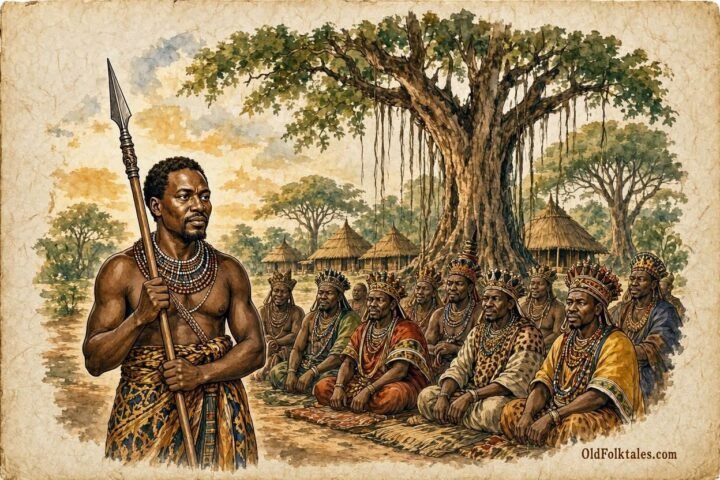 Parchment style illustration of Prince Kalala Ilunga holding the Spear of Destiny before the Luba council of chiefs.
