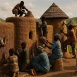 Traditional Batammariba earthen tower houses in Koutammakou with families repairing clay walls.