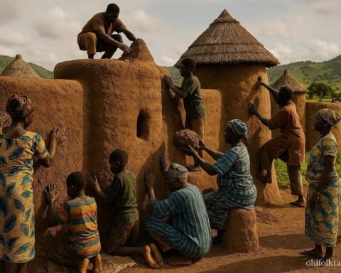 Traditional Batammariba earthen tower houses in Koutammakou with families repairing clay walls.
