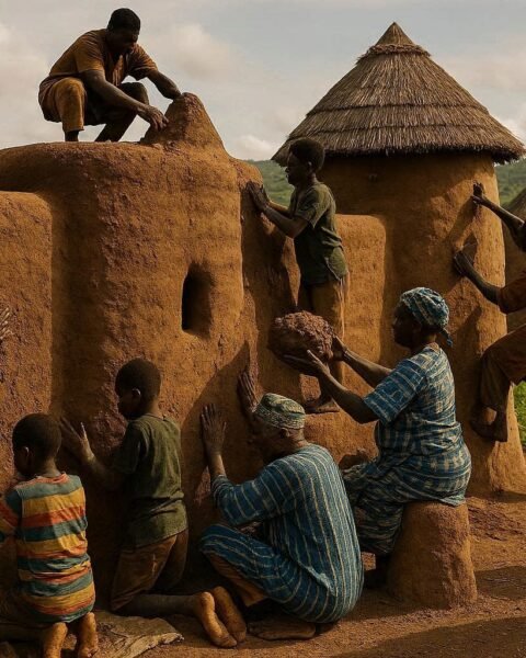 Traditional Batammariba earthen tower houses in Koutammakou with families repairing clay walls.