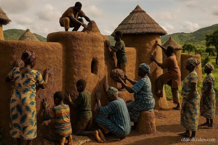 Traditional Batammariba earthen tower houses in Koutammakou with families repairing clay walls.