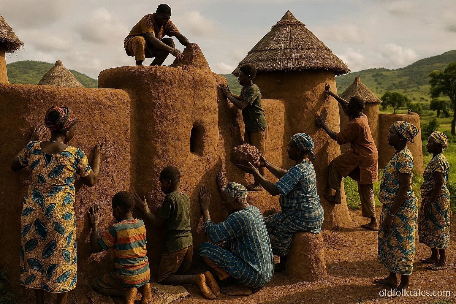 Traditional Batammariba earthen tower houses in Koutammakou with families repairing clay walls.
