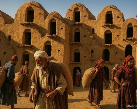 Adult Amazigh villagers storing grain inside the historic Ksar Ouled Soltane fortified granaries in southern Tunisia.