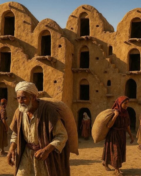 Adult Amazigh villagers storing grain inside the historic Ksar Ouled Soltane fortified granaries in southern Tunisia.