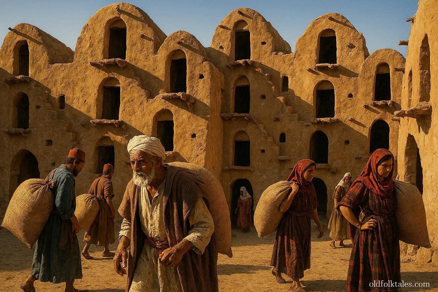 Adult Amazigh villagers storing grain inside the historic Ksar Ouled Soltane fortified granaries in southern Tunisia.