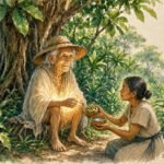 Parchment style illustration of Loulou appearing as a glowing elderly traveler in a Seychellois forest while a kind villager offers food and water.