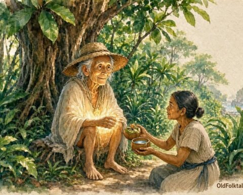 Parchment style illustration of Loulou appearing as a glowing elderly traveler in a Seychellois forest while a kind villager offers food and water.
