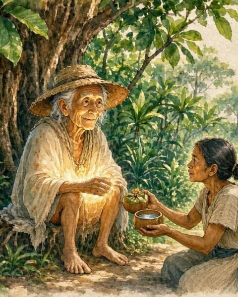 Parchment style illustration of Loulou appearing as a glowing elderly traveler in a Seychellois forest while a kind villager offers food and water.