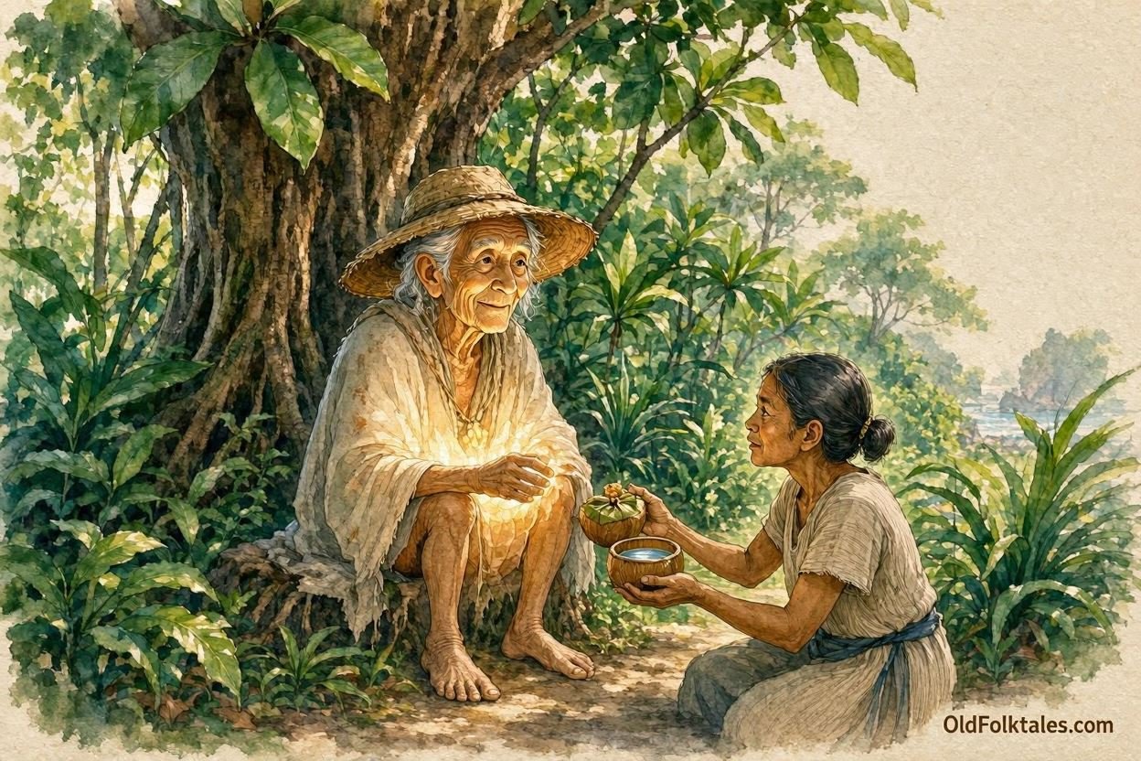 Parchment style illustration of Loulou appearing as a glowing elderly traveler in a Seychellois forest while a kind villager offers food and water.