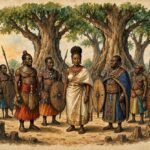 Parchment style illustration of Princess Lueji bringing together Lunda chiefs to unite rival clans.