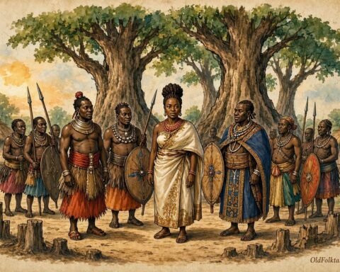 Parchment style illustration of Princess Lueji bringing together Lunda chiefs to unite rival clans.