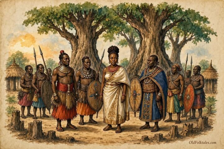 Parchment style illustration of Princess Lueji bringing together Lunda chiefs to unite rival clans.