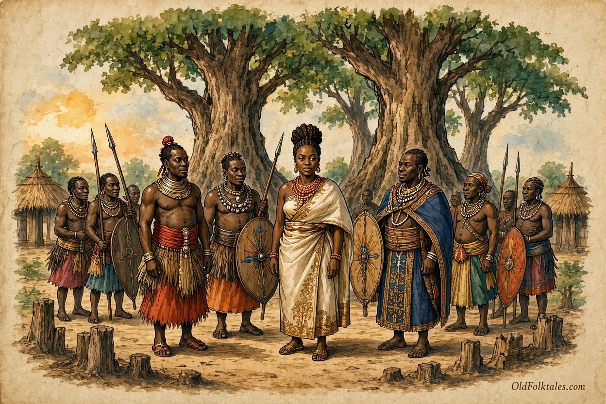 Parchment style illustration of Princess Lueji bringing together Lunda chiefs to unite rival clans.