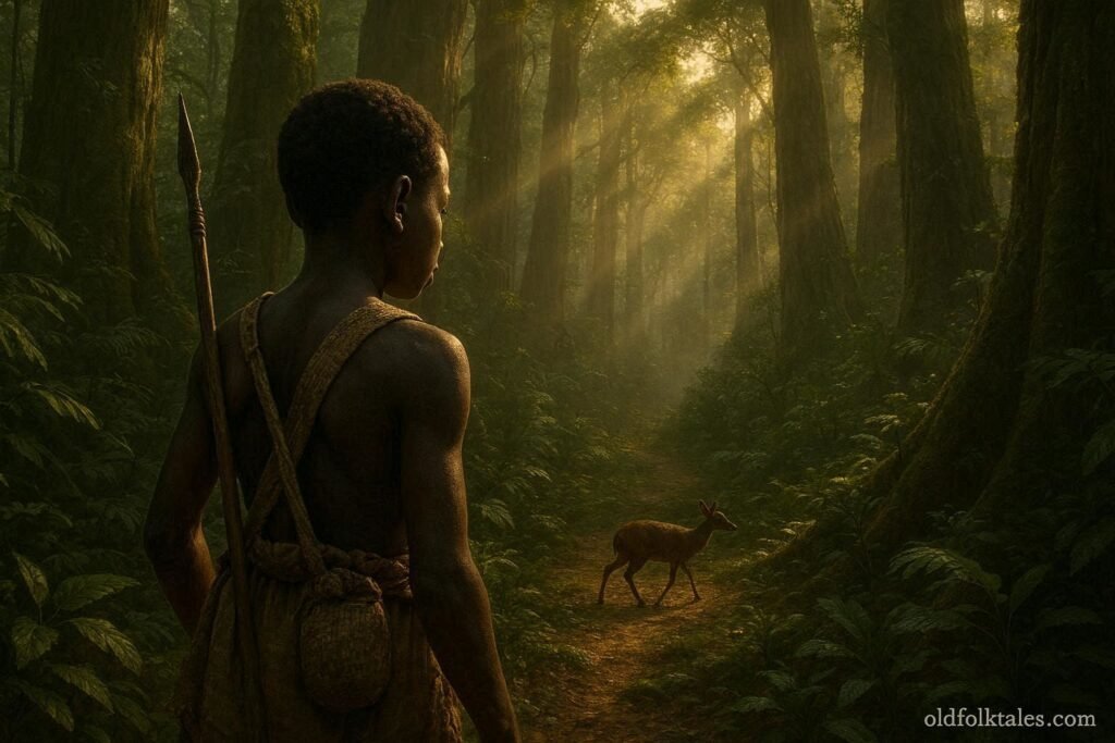 A young BaAka hunter watches a rescued forest duiker disappear into the ancient Congo rainforest.