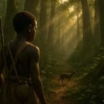 A young BaAka hunter watches a rescued forest duiker disappear into the ancient Congo rainforest.