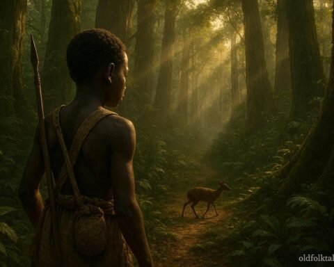 A young BaAka hunter watches a rescued forest duiker disappear into the ancient Congo rainforest.