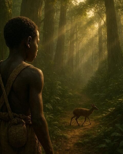 A young BaAka hunter watches a rescued forest duiker disappear into the ancient Congo rainforest.