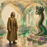 Parchment style illustration of Moulay Mohammed standing before the crowned Serpent King in a glowing underground crystal kingdom.