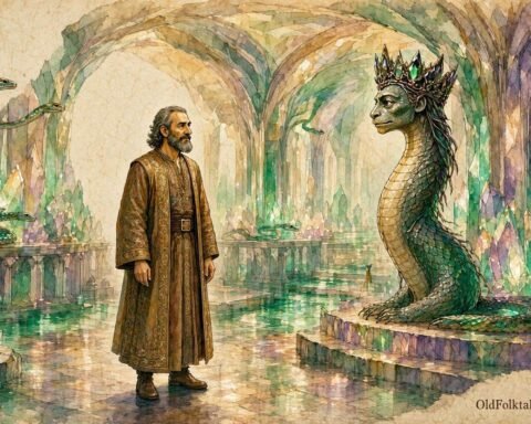 Parchment style illustration of Moulay Mohammed standing before the crowned Serpent King in a glowing underground crystal kingdom.