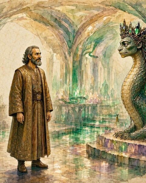 Parchment style illustration of Moulay Mohammed standing before the crowned Serpent King in a glowing underground crystal kingdom.