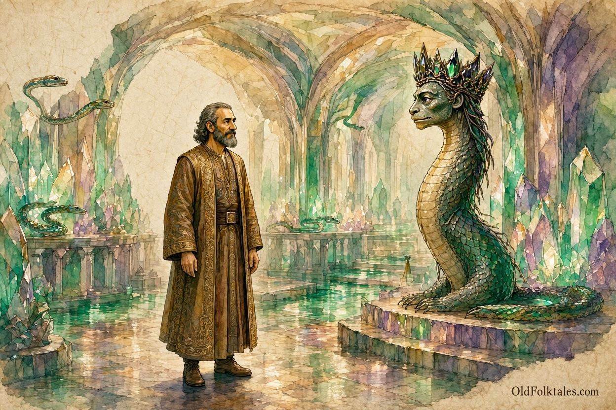 Parchment style illustration of Moulay Mohammed standing before the crowned Serpent King in a glowing underground crystal kingdom.