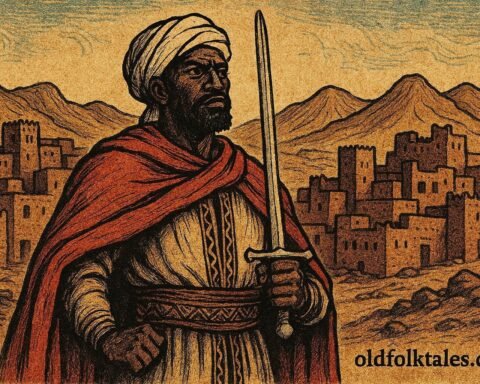 Illustration of a legendary Moroccan hero from folklore, representing Moulay Mohammed el Anhach’s courage, wisdom, and perseverance in overcoming great challenges.