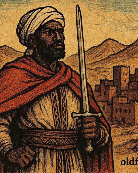Illustration of a legendary Moroccan hero from folklore, representing Moulay Mohammed el Anhach’s courage, wisdom, and perseverance in overcoming great challenges.