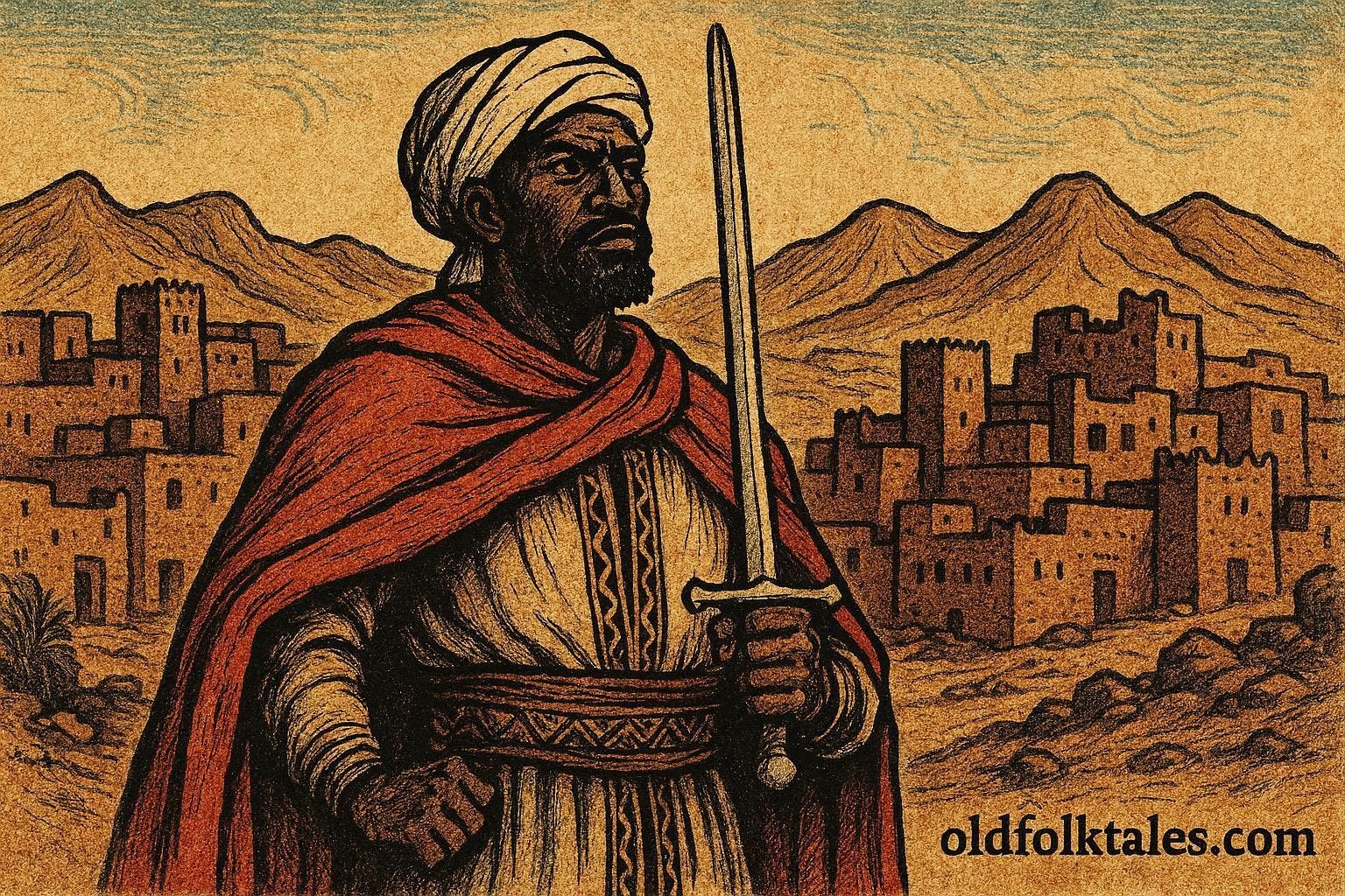 Illustration of a legendary Moroccan hero from folklore, representing Moulay Mohammed el Anhach’s courage, wisdom, and perseverance in overcoming great challenges.