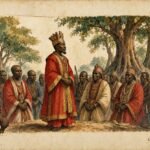 Parchment style illustration of King Nkongolo facing the Luba council as warriors lower their spears in the royal court.