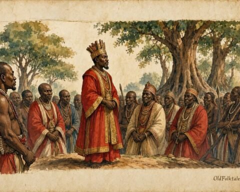 Parchment style illustration of King Nkongolo facing the Luba council as warriors lower their spears in the royal court.