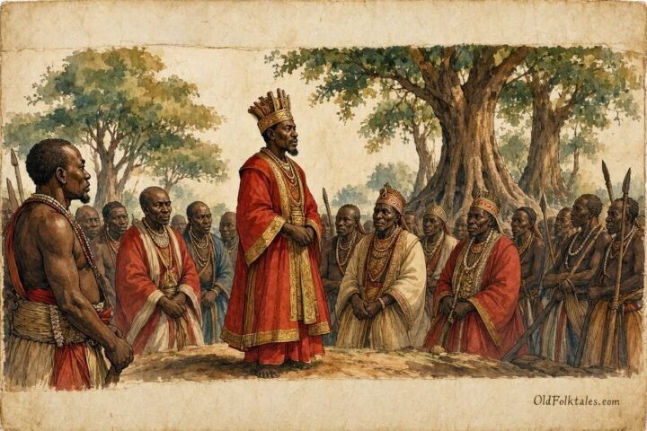 Parchment style illustration of King Nkongolo facing the Luba council as warriors lower their spears in the royal court.