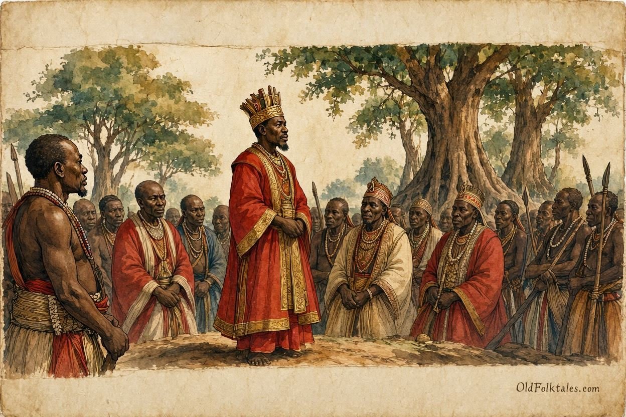 Parchment style illustration of King Nkongolo facing the Luba council as warriors lower their spears in the royal court.