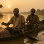 Moba and Gourma fishermen using traditional canoes and nets on the Oti River in northern Togo.