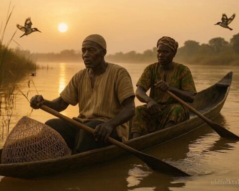 Moba and Gourma fishermen using traditional canoes and nets on the Oti River in northern Togo.