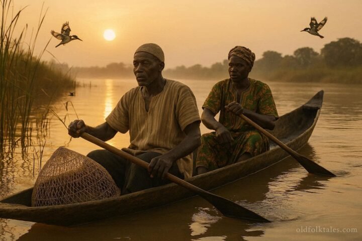 Moba and Gourma fishermen using traditional canoes and nets on the Oti River in northern Togo.