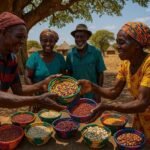 Lenje farmers exchanging traditional seed varieties beneath a large fig tree in Central Zambia before the planting season.