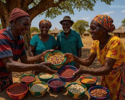 Lenje farmers exchanging traditional seed varieties beneath a large fig tree in Central Zambia before the planting season.