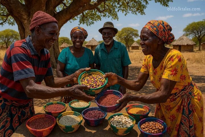 Lenje farmers exchanging traditional seed varieties beneath a large fig tree in Central Zambia before the planting season.